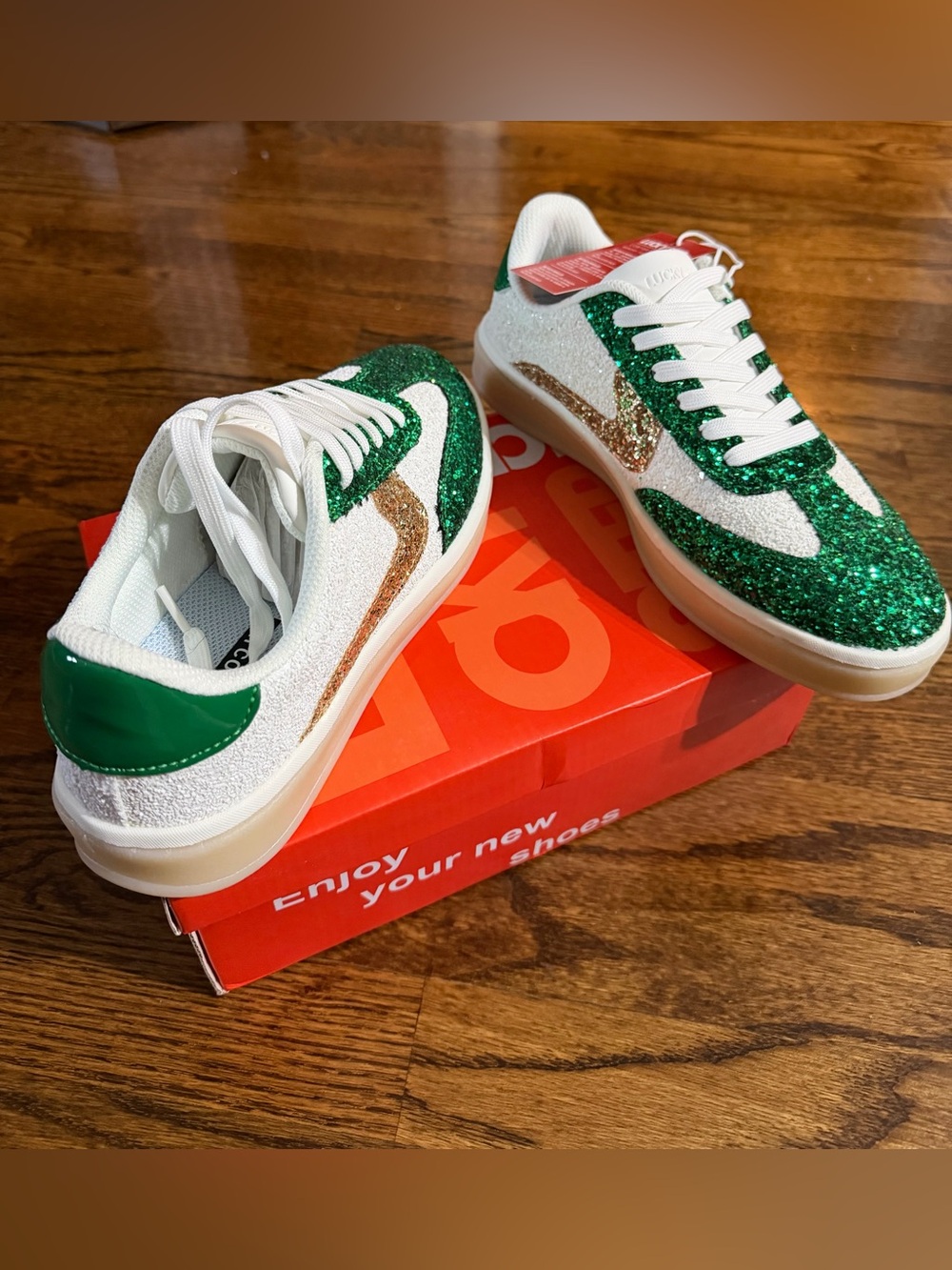 Lucky Step Brand new Green & White Glitter Sneakers with Gold Swoosh - Picture 2 of 4